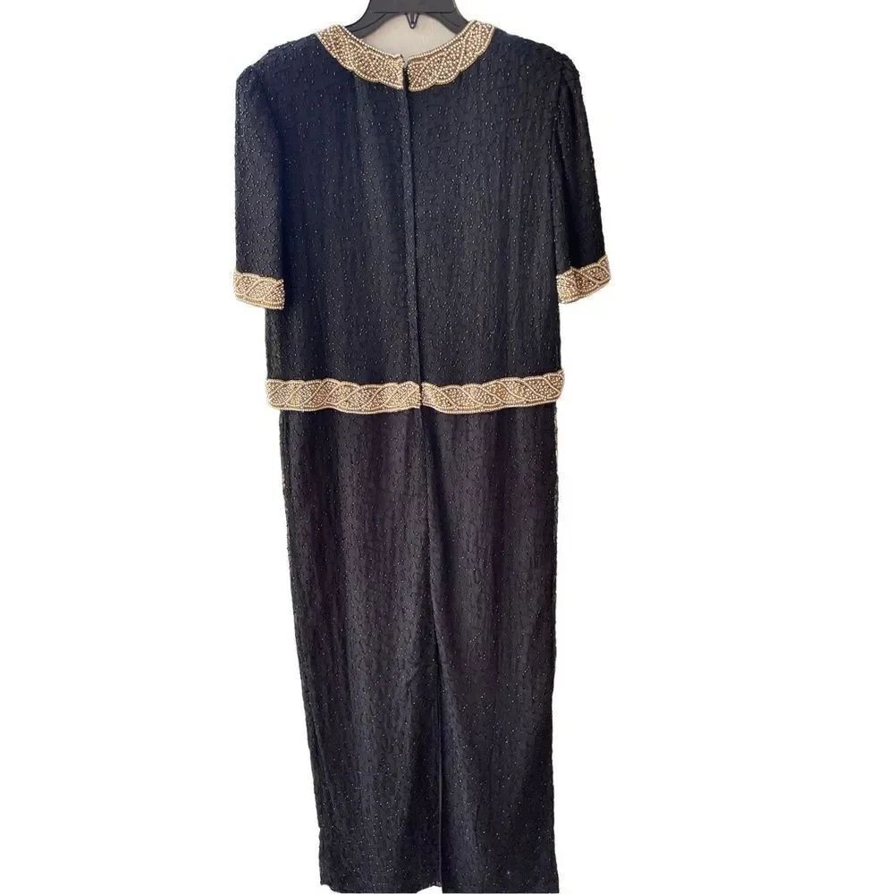 Camille Marie Womens Black Gold Beaded Silk Cocktail Dress Evening Gown Large